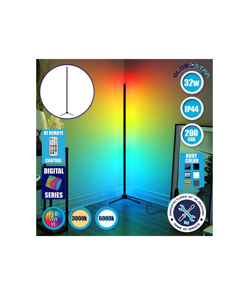 Μοντέρνο Minimal Επιδαπέδιο Μαύρο Φωτιστικό 200cm LED 32 Watt με Ασύρματο Χειριστήριο 2.4G RF & Dimmer RGBW+WW Πολύχρωμο Digital Magic Dot Pixel GloboStar ALIEN Design GLOBO-200-11